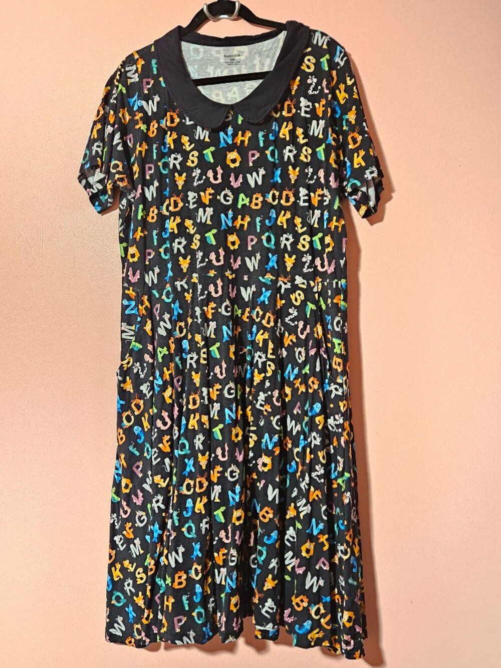 Svaha Rainbow Black Animal Alphabet Peter Pan Collared Twirl Dress with Pockets